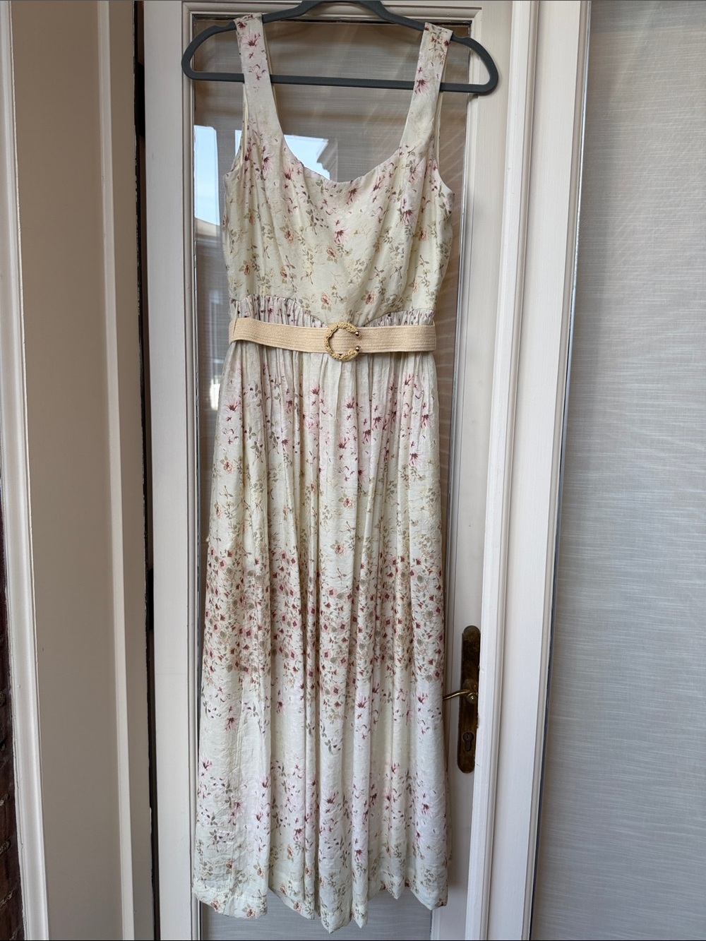 NWOT Taylor Cream Maxi Dress with Pink/Light Green Floral Print and Woven Belt
